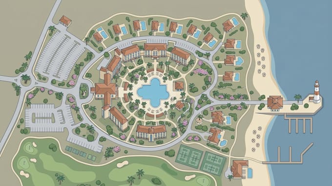 design custom resort map, tourist map,travel map, visitor map and wayfinding map