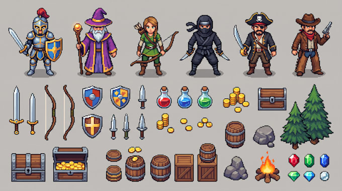 create pixel game assets 2d game assets pack pixel art props sprite ui game art