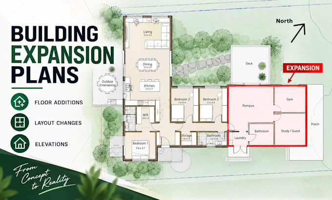 design building expansion plans, floor additions, layouts changes and elevations