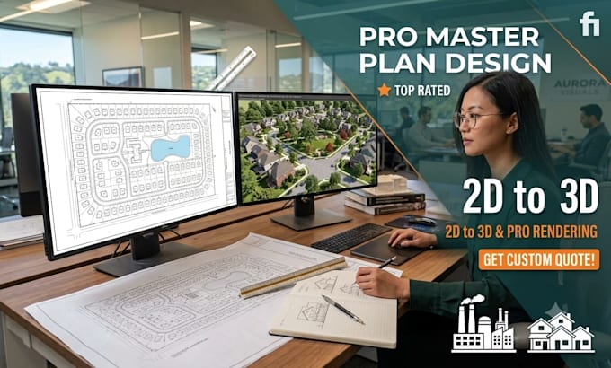 create 2d site master plan and 3d industrial or residential rendering