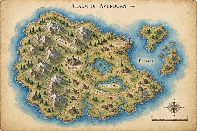 design a detailed fantasy world map with unique locations