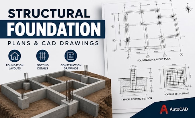 draft structural foundation floor plans, footing layouts cad drawings