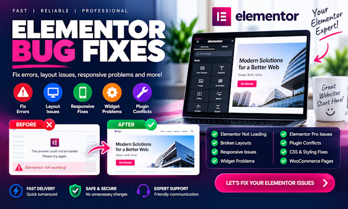 fix elementor bugs, errors and responsive issues