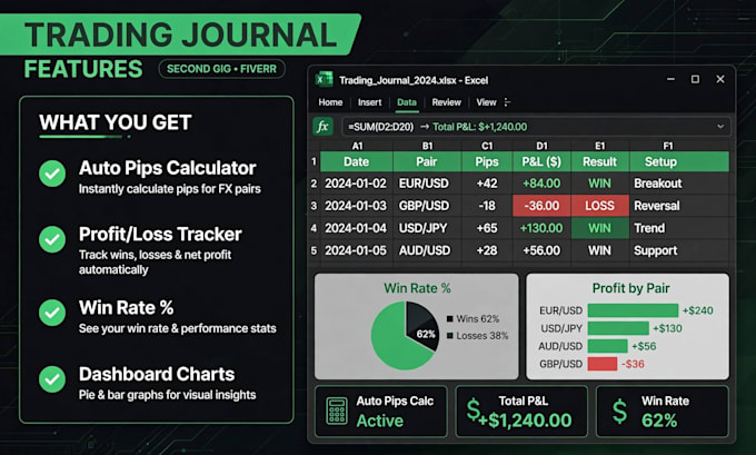 create automated forex trading journal excel sheet with pips and profit tracker