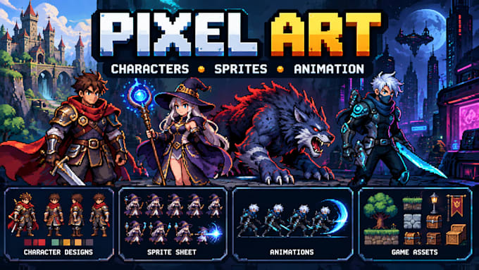 create pixel art characters, sprites, animations and game assets