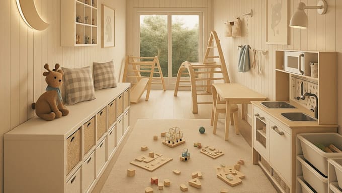 design a beautiful kids room, nursery, playroom with 3d rendering