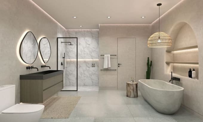 create stunning 3d bathroom interior design and photorealistic render