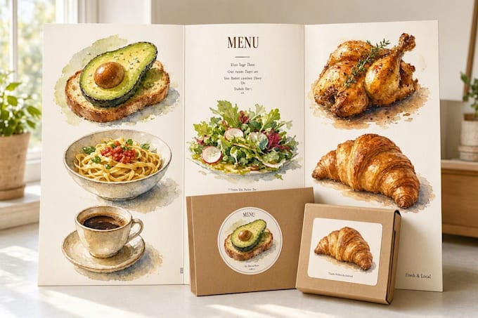 create watercolor food illustrations for menu and packaging