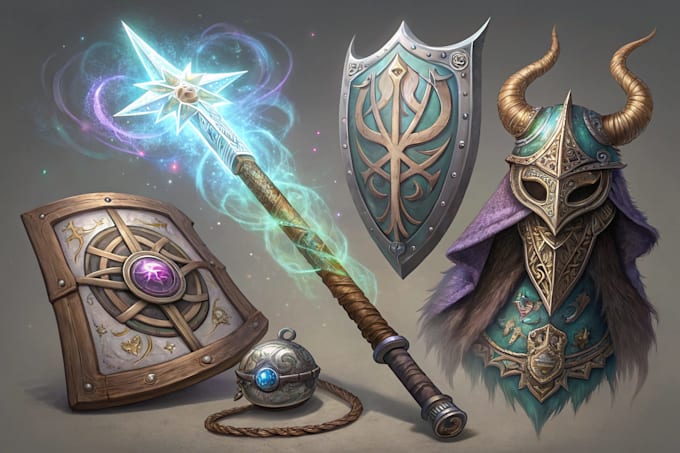 draw custom fantasy dnd weapons art and props