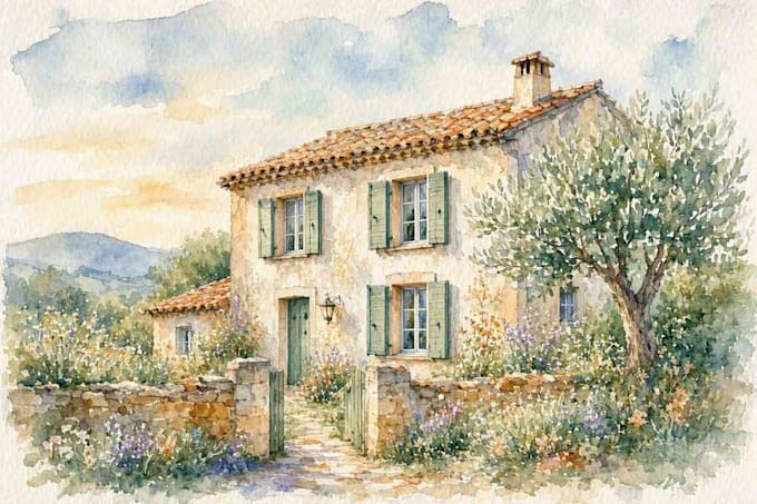 draw house illustration watercolor style