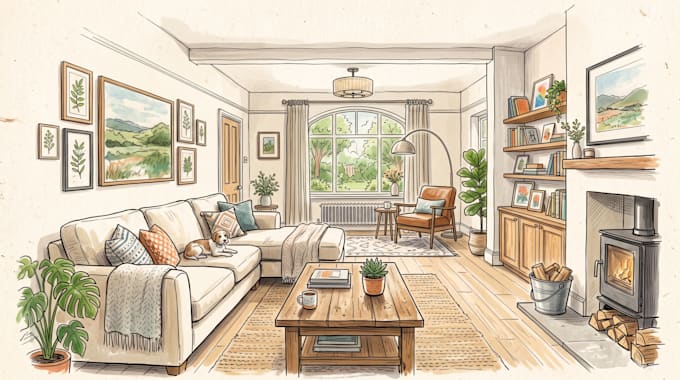 draw living room interior sketch, illustration