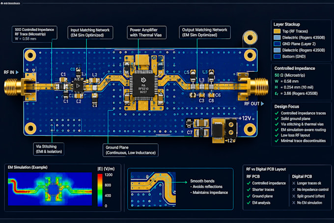 design and simulate rf, microwave circuit  power amplifier and pcb layout