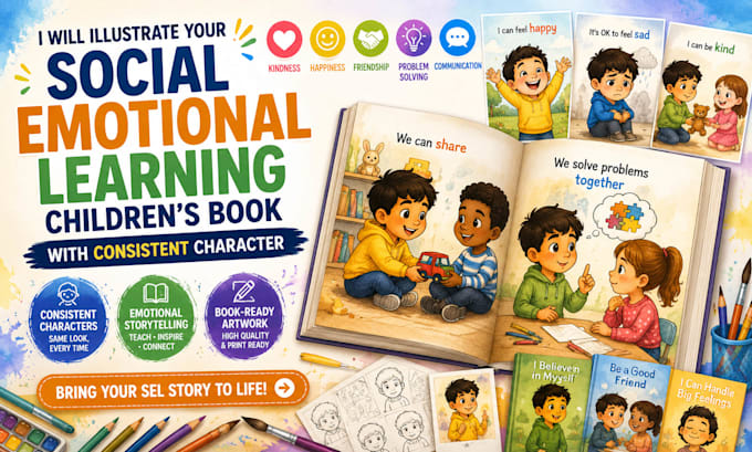 illustrate your educational childrens book with consistent character art
