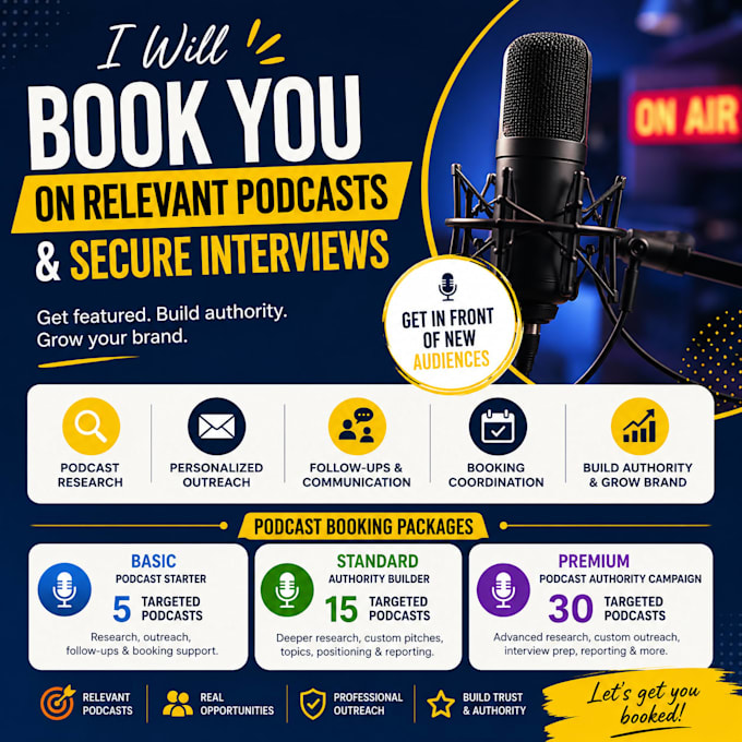 book you on relevant podcasts and secure interview