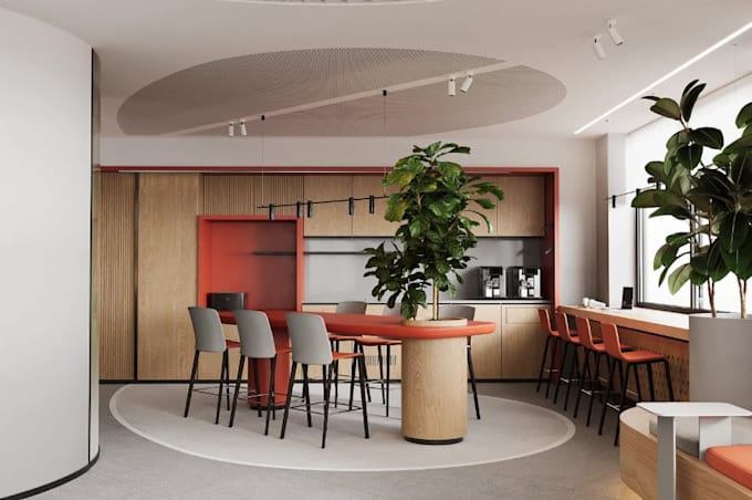 redesign 3d architectural mixed use building, office layout,cafe interior render