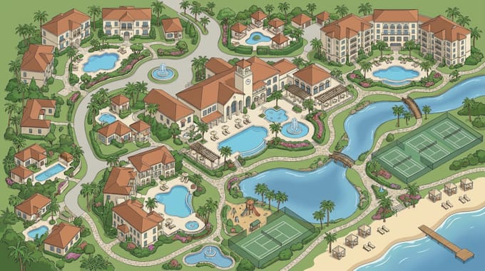 design illustrated rv park map, resort, glamping and campsite map