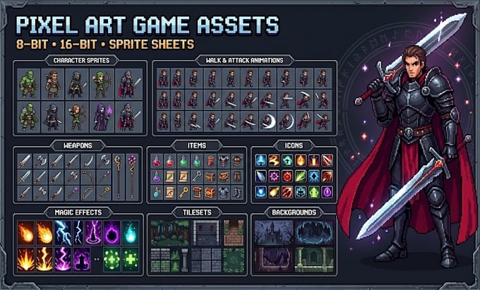 design 8bit 16bit retro pixel art characters icons weapons sprite sheet