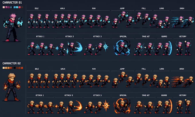 create pixel art character sprite sheet and game assets
