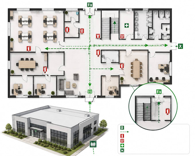 create emergency exit plan, fire escape route map and evacuation drawing