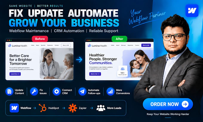 provide webflow maintenance, support and CRM automation