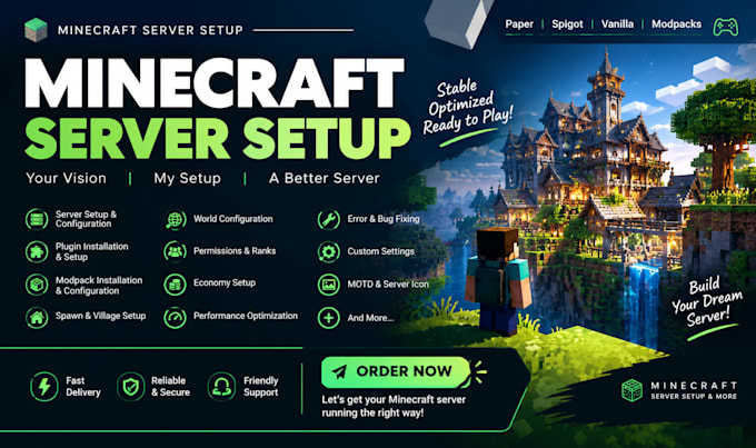 create, setup, fix minecraft servers, modpacks, paper, spawn, villages and more
