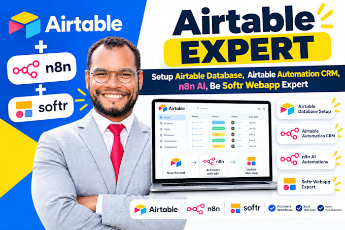 setup airtable database, airtable automation crm, n8n ai, be softr webapp expert