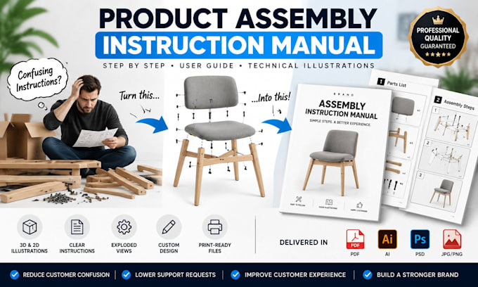 create product assembly instructions, manuals, step by step guide product design