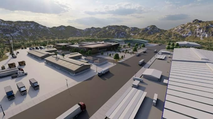 redesign 3d industrial building, storage facility, factory modeling, driveway