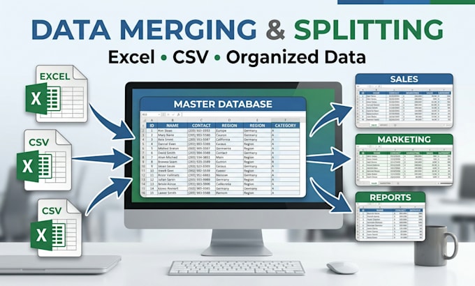 clean, format, merge, split excel data