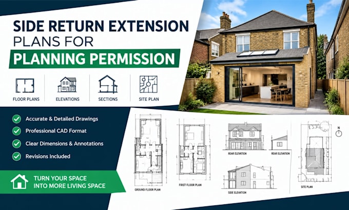 draw side return extension plans for planning permission and council approval