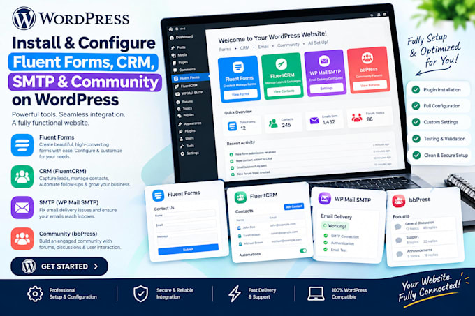 install and configure fluent forms, CRM, SMTP and community on wordpress