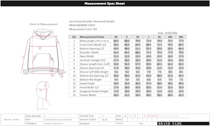 create a professional clothing size chart and measurement spec