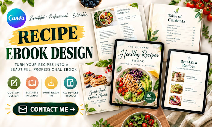 do canva recipe ebook design, cookbook layout and meal plan pdf, kdp publishing