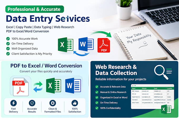 do accurate data entry, excel, copy paste and PDF conversion