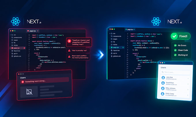 debug and fix errors in your javascript react nextjs code