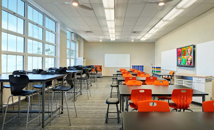 convert 2d plan to 3d academy classroom, school interior render for presentation