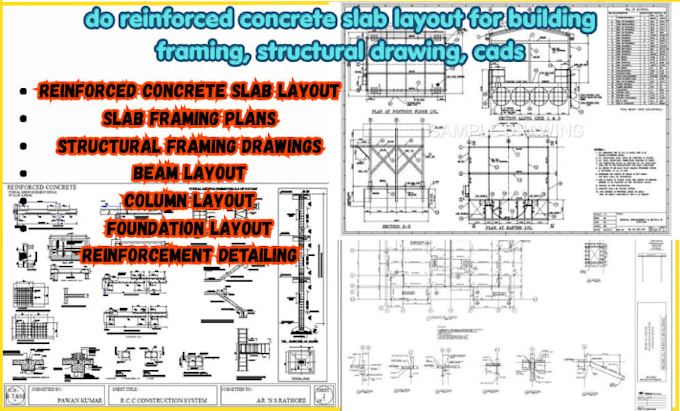 do reinforced concrete slab layout for building framing, structural drawing, cad