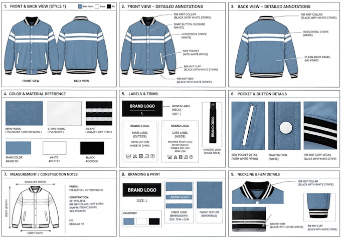 create fashion tech pack, clothing tech pack and apparel flat sketches