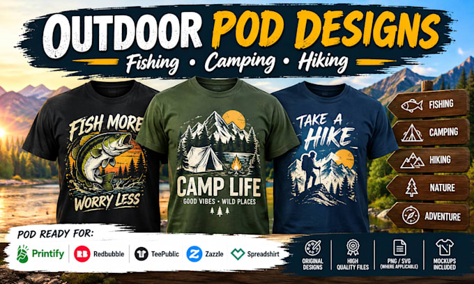 create fishing camping hiking pod designs printify redbubble