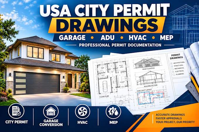 create USA city permit drawings, stamped plans, garage conversion, adu and hvac