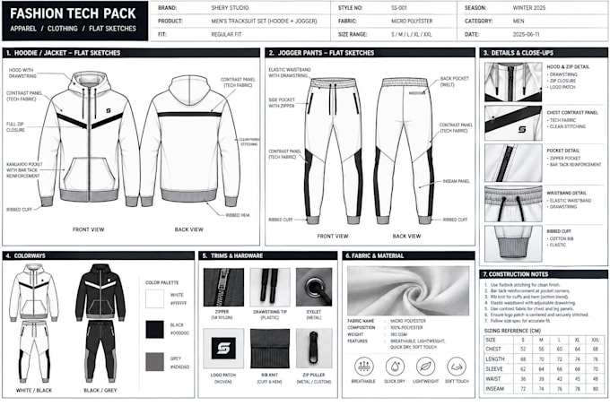 create fashion tech pack, clothing tech pack and apparel flat sketches