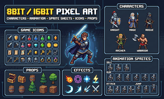 create 8bit 16bit pixel art character animation sprite sheet retro pixel art