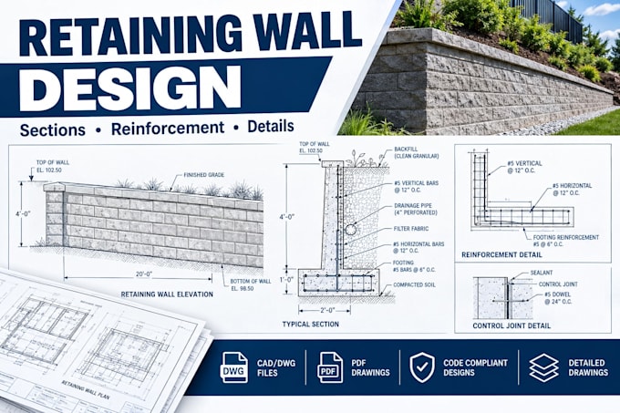 design engineered retaining wall drawings, sections and reinforcement details