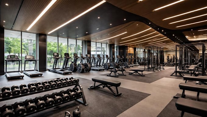 design a realistic 3d gym interior and fitness center