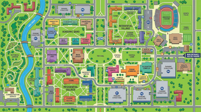 design campus map, venue directory and outdoor wayfinding map