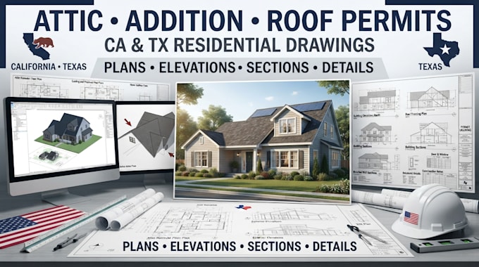 do attic remodel,home addition and roof modification permit drawing set in ca,tx