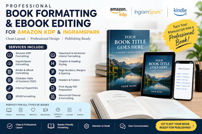 ingramspark formatting, ebook editing, book publishing, clickable toc amazon KDP