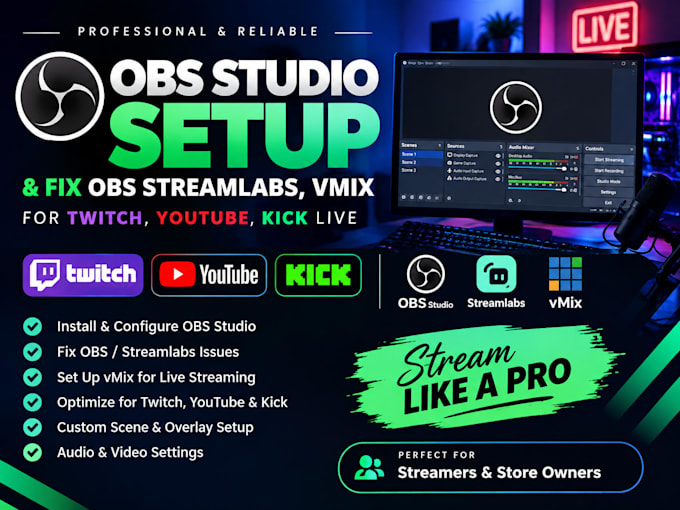 setup obs studio and fix obs streamlabs, vmix for twitch, youtube, kick live