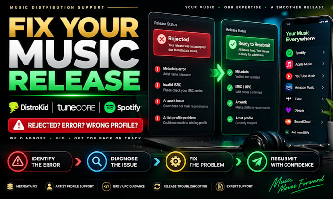 fix distrokid, tunecore, cdbaby, ditto, spotify and music distribution issues