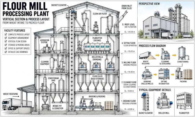 design flour mill floor plans and industrial processing cad blueprints